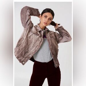 Free People Mauve Velvet Trucker Bomber Jacket Dusty Rose Oversized womens SZ XS